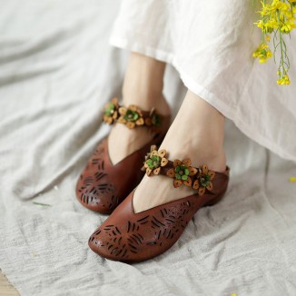 Retro Leather Slide Sandals Summer Slippers Handmade Mules Flowers Coffee/Purple