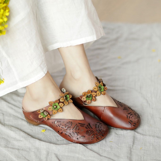 Retro Leather Slide Sandals Summer Slippers Handmade Mules Flowers Coffee/Purple