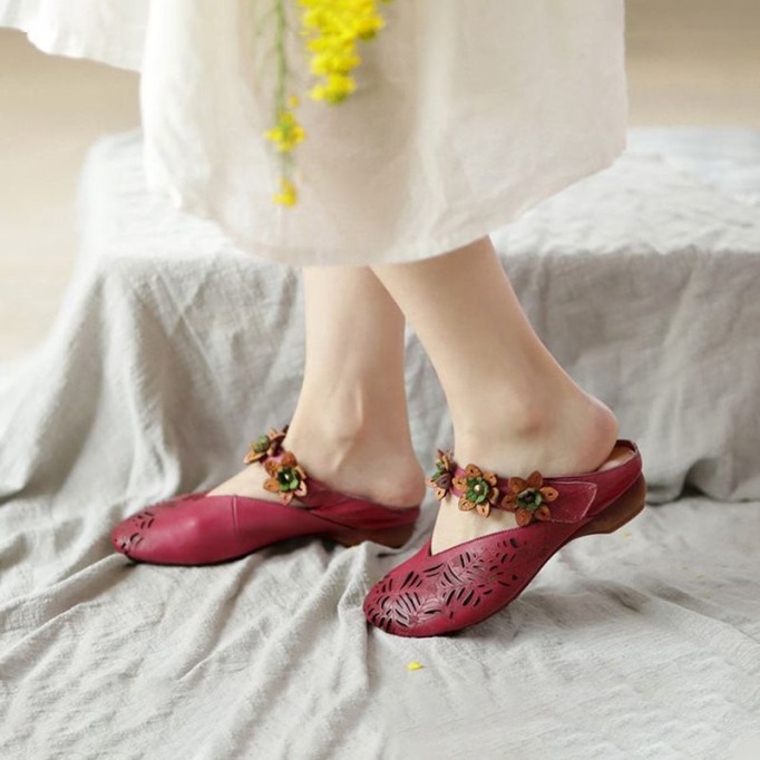 Retro Leather Slide Sandals Summer Slippers Handmade Mules Flowers Coffee/Purple