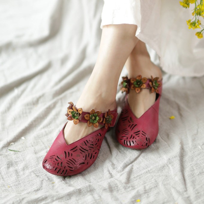 Retro Leather Slide Sandals Summer Slippers Handmade Mules Flowers Coffee/Purple