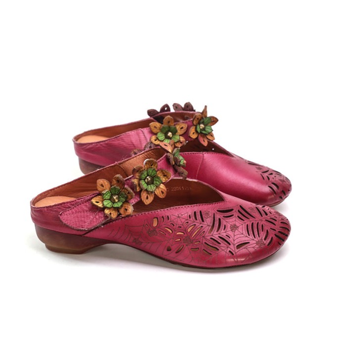 Retro Leather Slide Sandals Summer Slippers Handmade Mules Flowers Coffee/Purple