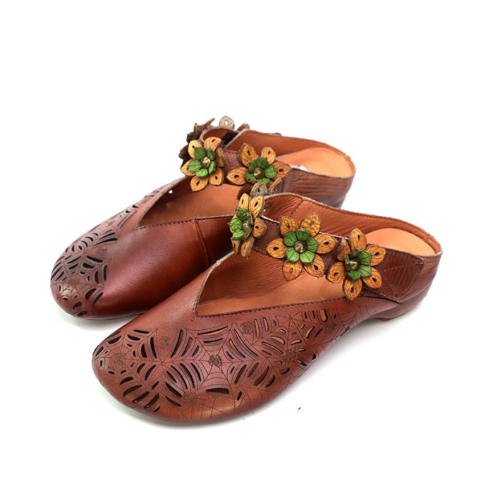Retro Leather Slide Sandals Summer Slippers Handmade Mules Flowers Coffee/Purple