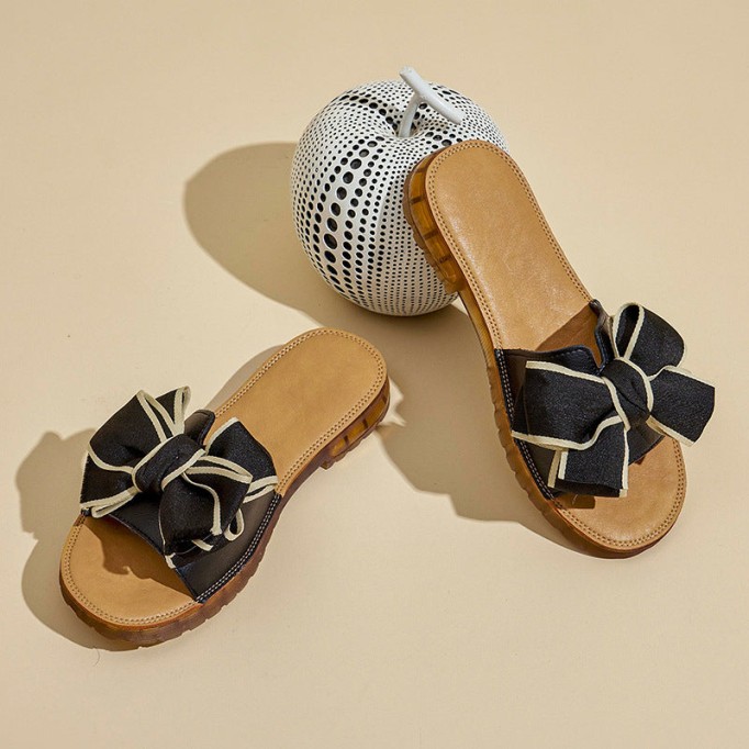 Sweet Bow Leather Slippers Soft Comfy Black/Off white