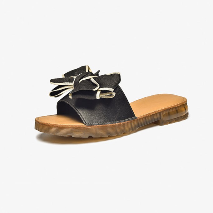 Sweet Bow Leather Slippers Soft Comfy Black/Off white