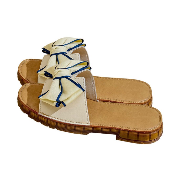 Sweet Bow Leather Slippers Soft Comfy Black/Off white