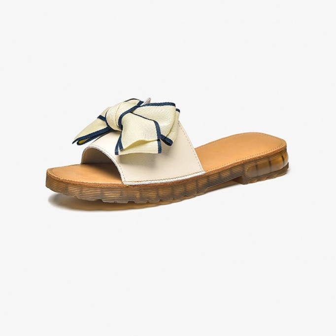 Sweet Bow Leather Slippers Soft Comfy Black/Off white