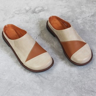 Retro Flats Women Leather Handmade Slippers Hollow Pattern Solid Flowers Sandals