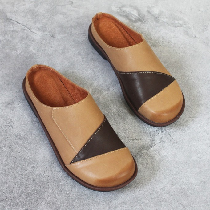 Retro Flats Women Leather Handmade Slippers Hollow Pattern Solid Flowers Sandals