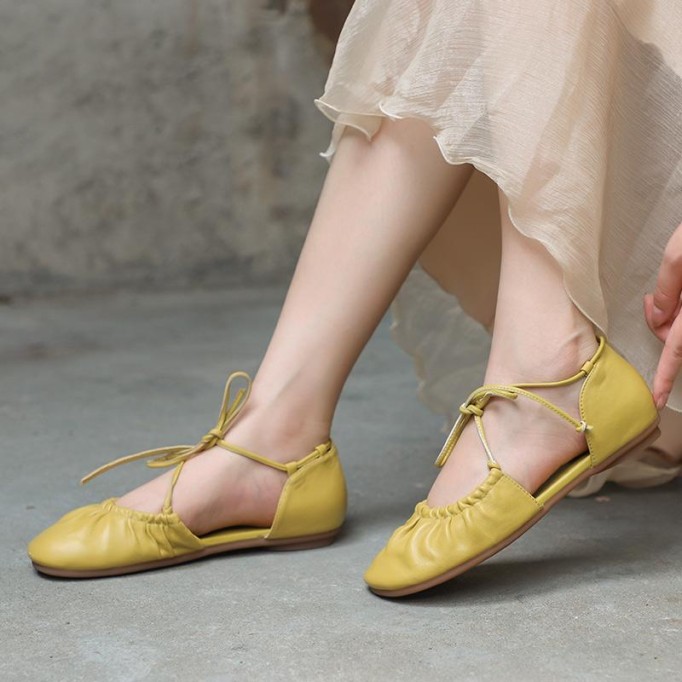 Soft Leather Strappy Sandals Slip Ons Handmade Closed Toe Beige