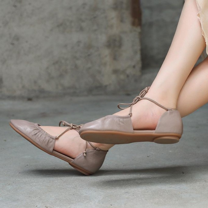 Soft Leather Strappy Sandals Slip Ons Handmade Closed Toe Beige