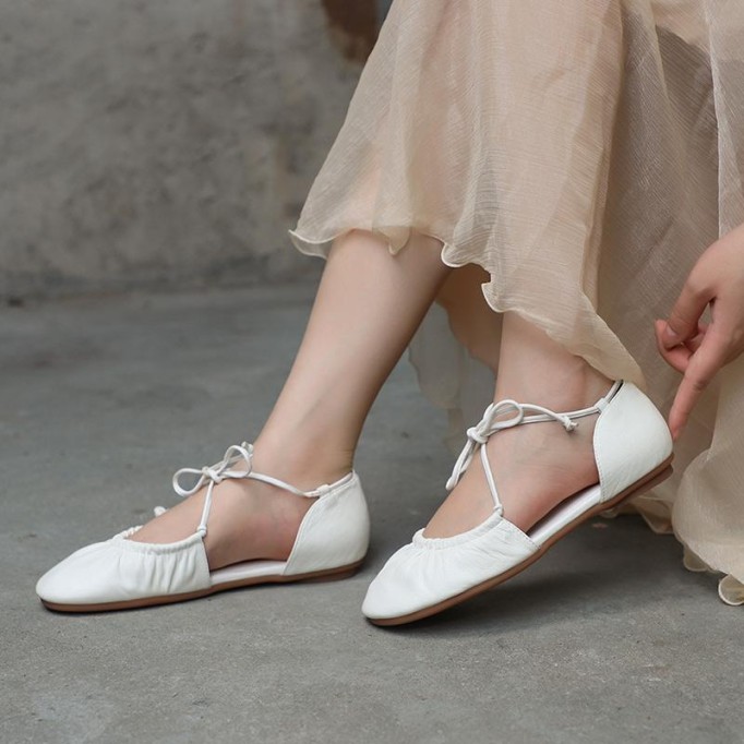 Soft Leather Strappy Sandals Slip Ons Handmade Closed Toe Beige