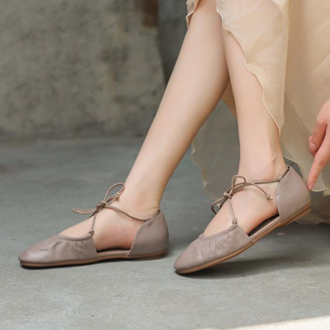 Soft Leather Strappy Sandals Slip Ons Handmade Closed Toe Beige