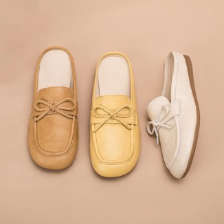 Retro Bowknot-Detailed Leather Loafer Mules for Women Backless Loafers in White/Deep Apricot/Yellow