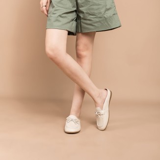 Retro Bowknot-Detailed Leather Loafer Mules for Women Backless Loafers in White/Deep Apricot/Yellow