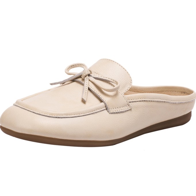 Retro Bowknot-Detailed Leather Loafer Mules for Women Backless Loafers in White/Deep Apricot/Yellow