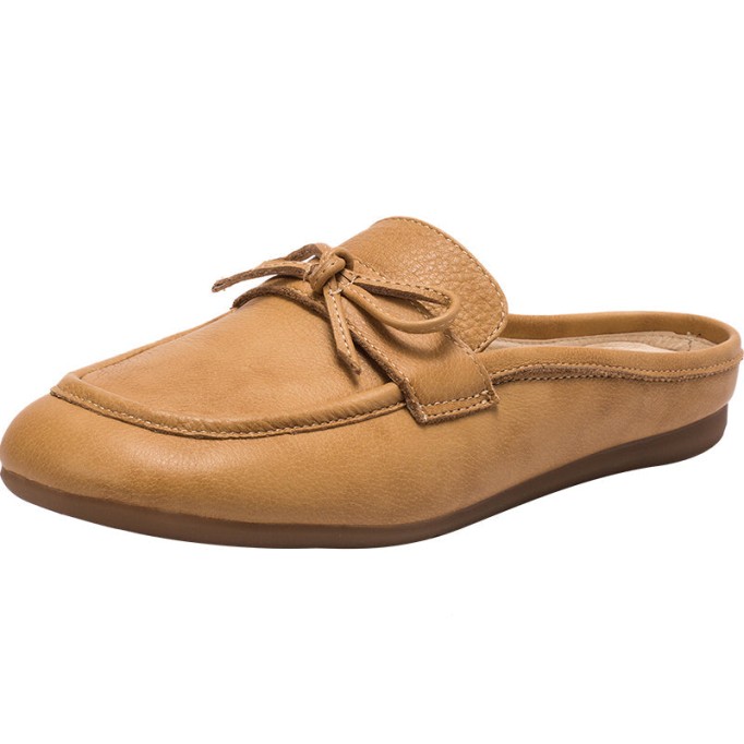 Retro Bowknot-Detailed Leather Loafer Mules for Women Backless Loafers in White/Deep Apricot/Yellow