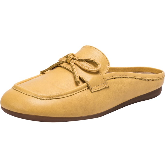 Retro Bowknot-Detailed Leather Loafer Mules for Women Backless Loafers in White/Deep Apricot/Yellow