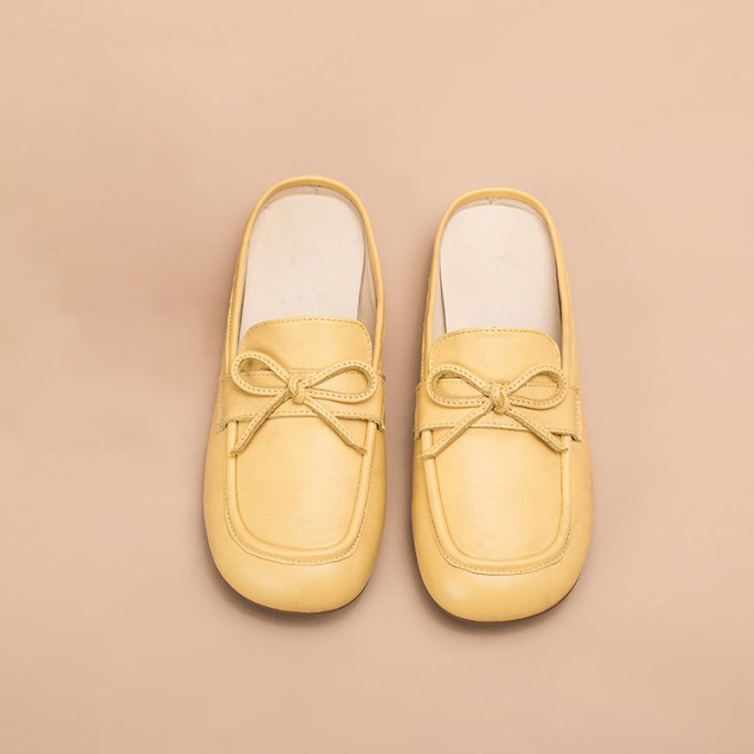 Retro Bowknot-Detailed Leather Loafer Mules for Women Backless Loafers in White/Deep Apricot/Yellow