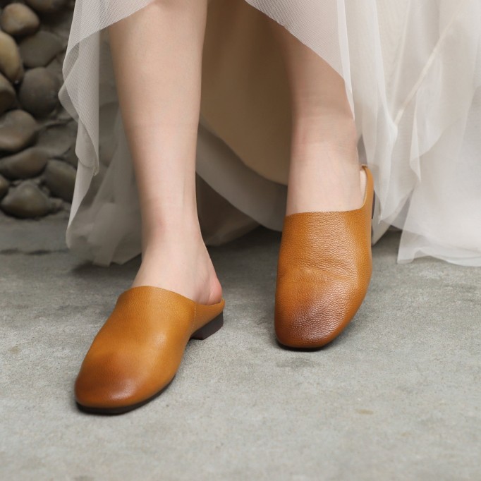 Handmade Leather Summer Slippers Mules Green/Brown/Coffee/Blue/Green 2/Reddish brown/Grey white/Brown 2/Khaki/Yellow/Dark coffee