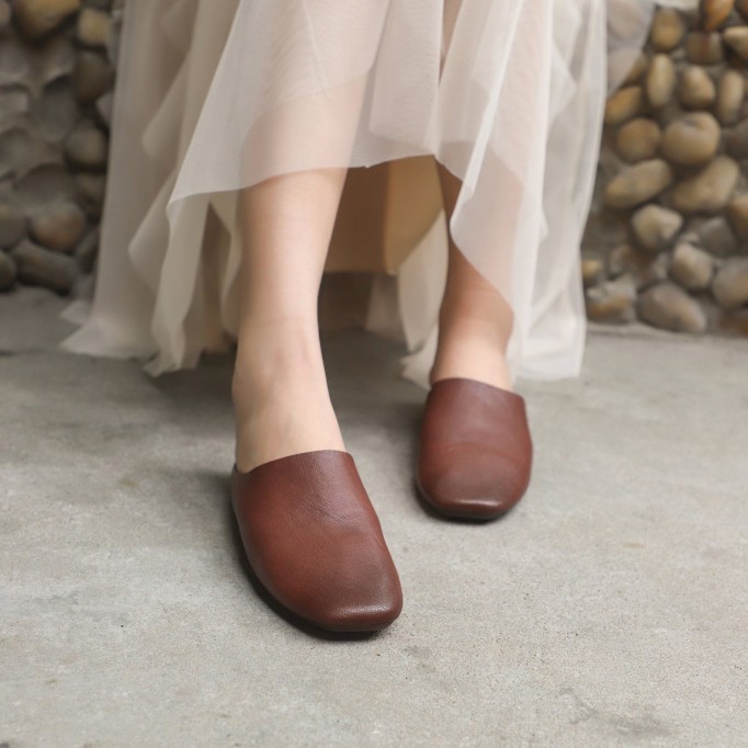 Handmade Leather Summer Slippers Mules Green/Brown/Coffee/Blue/Green 2/Reddish brown/Grey white/Brown 2/Khaki/Yellow/Dark coffee