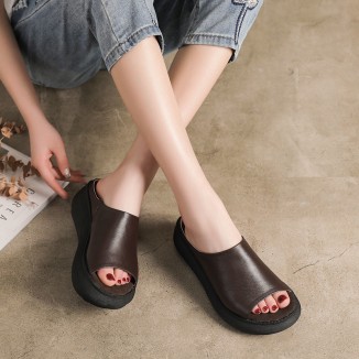 Handmade Genuine Leather Summer Slippers Platform Mules Black/Coffee/White