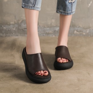 Handmade Genuine Leather Summer Slippers Platform Mules Black/Coffee/White