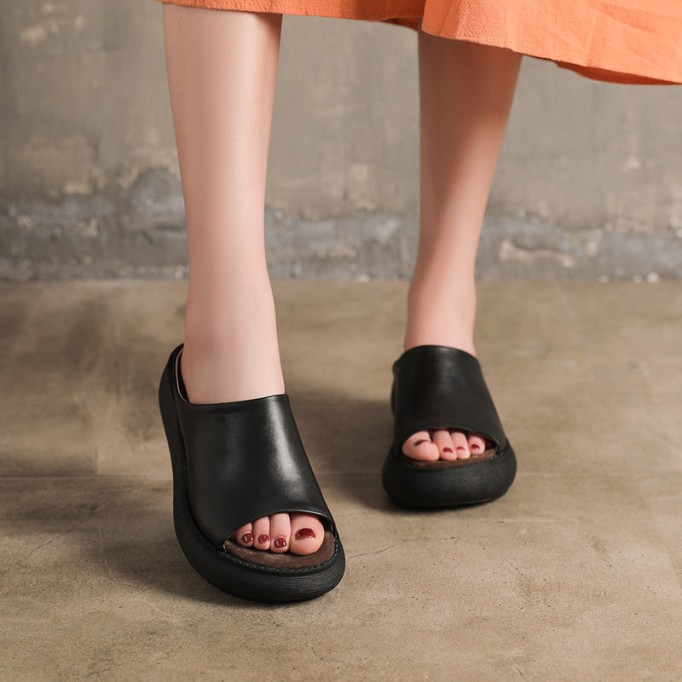 Handmade Genuine Leather Summer Slippers Platform Mules Black/Coffee/White