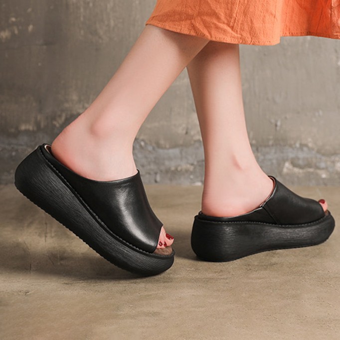 Handmade Genuine Leather Summer Slippers Platform Mules Black/Coffee/White