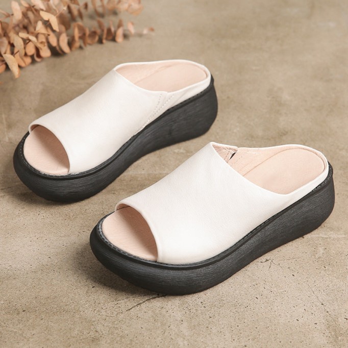Handmade Genuine Leather Summer Slippers Platform Mules Black/Coffee/White