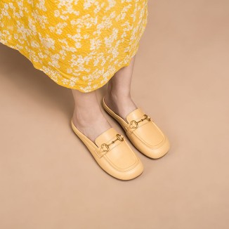 Retro Horsebit-Detailed Leather Loafer Mules for Women Backless Loafers in Black/Yellow