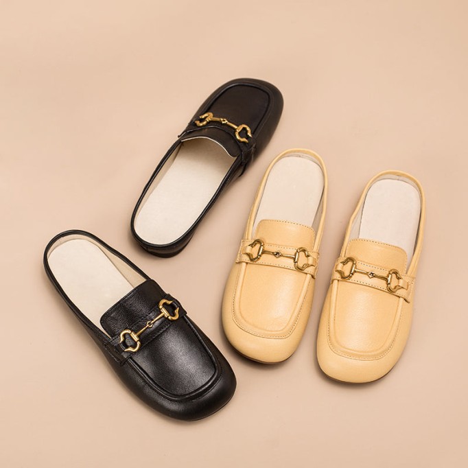 Retro Horsebit-Detailed Leather Loafer Mules for Women Backless Loafers in Black/Yellow