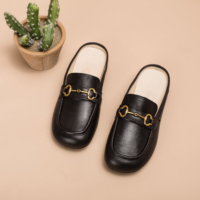 Retro Horsebit-Detailed Leather Loafer Mules for Women Backless Loafers in Black/Yellow