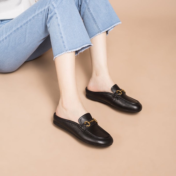 Retro Horsebit-Detailed Leather Loafer Mules for Women Backless Loafers in Black/Yellow