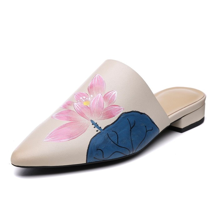 Handmade Retro Leather Painted Lotus Slippers For Women Pointed Toe Leather Mules