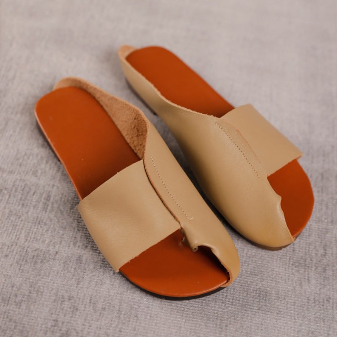 Soft Leather Split Toe Summer Slippers Handmade Apricot/Camel