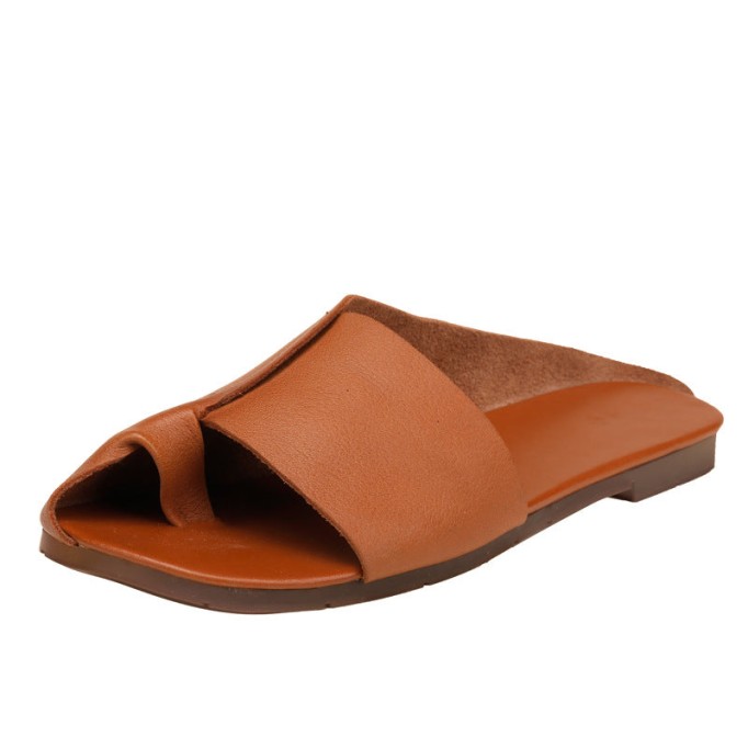 Soft Leather Split Toe Summer Slippers Handmade Apricot/Camel