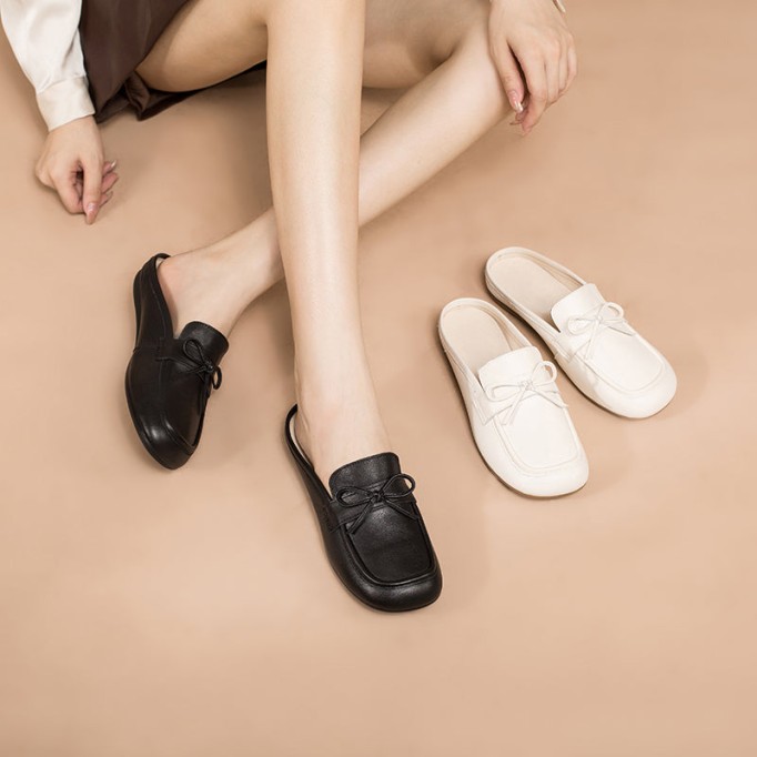 Retro Bowknot-Detailed Leather Loafer Mules for Women Backless Loafers in Black/White