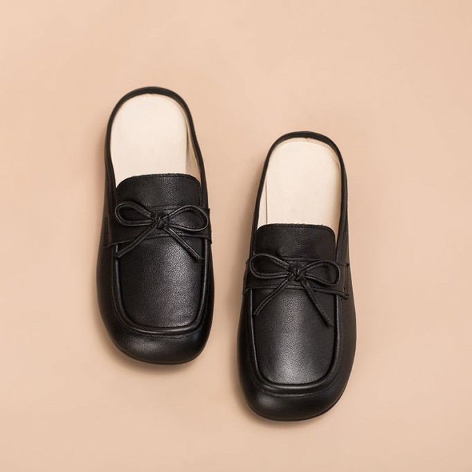 Retro Bowknot-Detailed Leather Loafer Mules for Women Backless Loafers in Black/White