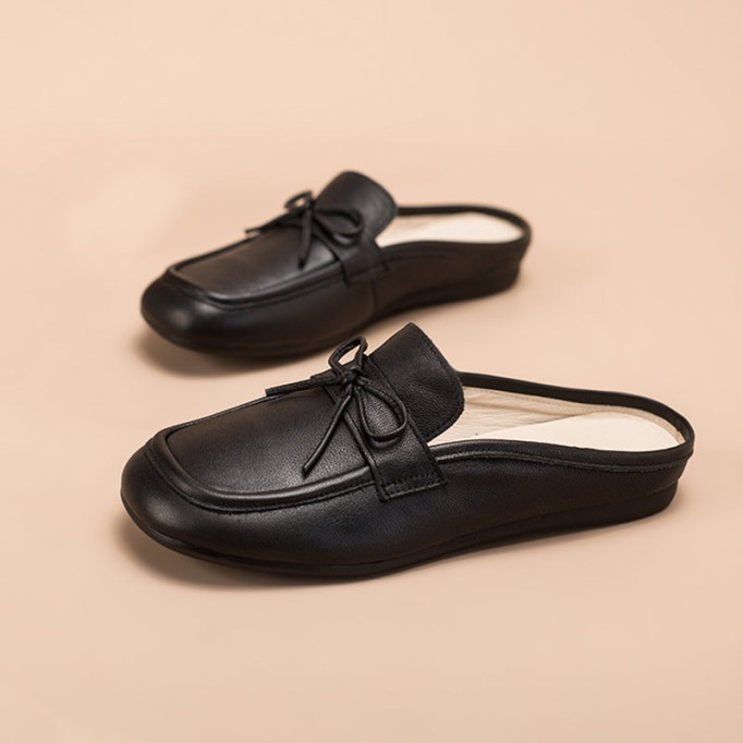 Retro Bowknot-Detailed Leather Loafer Mules for Women Backless Loafers in Black/White