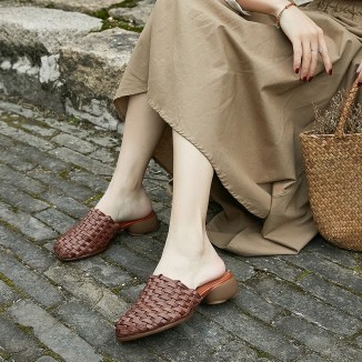 Woven Leather Slippers Block Heel Mules For Women Summer Slippers Handmade Coffee
