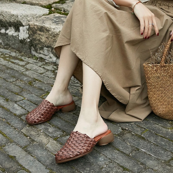 Woven Leather Slippers Block Heel Mules For Women Summer Slippers Handmade Coffee