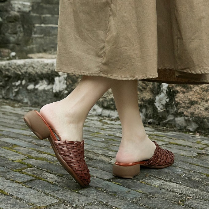 Woven Leather Slippers Block Heel Mules For Women Summer Slippers Handmade Coffee