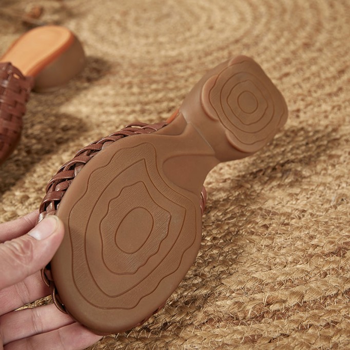 Woven Leather Slippers Block Heel Mules For Women Summer Slippers Handmade Coffee