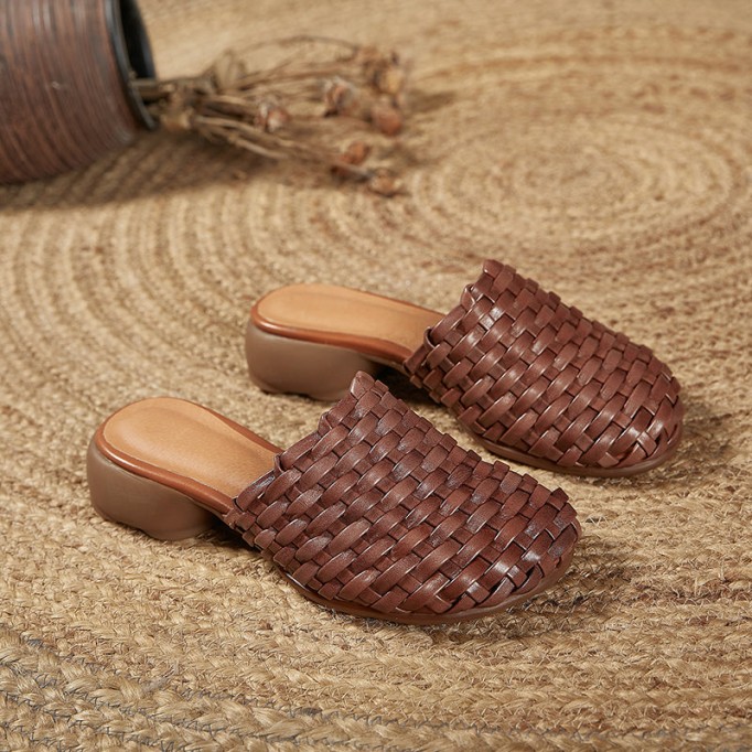 Woven Leather Slippers Block Heel Mules For Women Summer Slippers Handmade Coffee