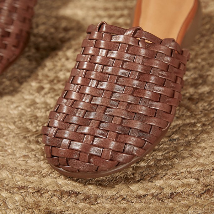 Woven Leather Slippers Block Heel Mules For Women Summer Slippers Handmade Coffee
