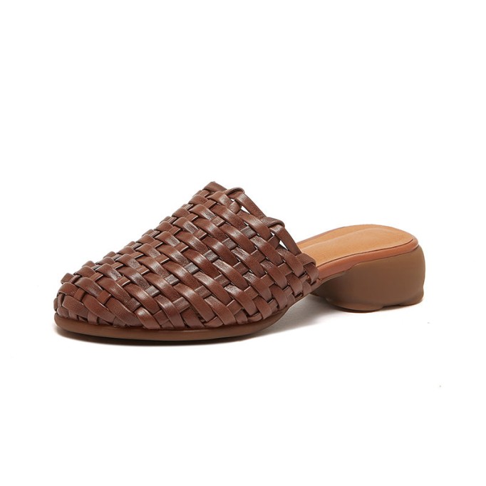 Woven Leather Slippers Block Heel Mules For Women Summer Slippers Handmade Coffee