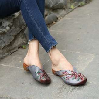 Handmade Women'S Slippers Leather Hollow Flowers Flats Loafers Grey/Camel