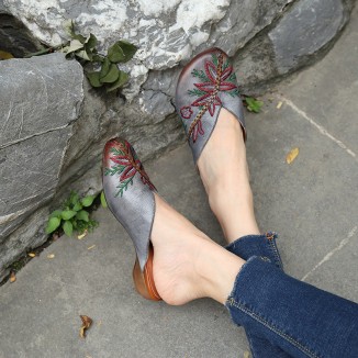 Handmade Women'S Slippers Leather Hollow Flowers Flats Loafers Grey/Camel