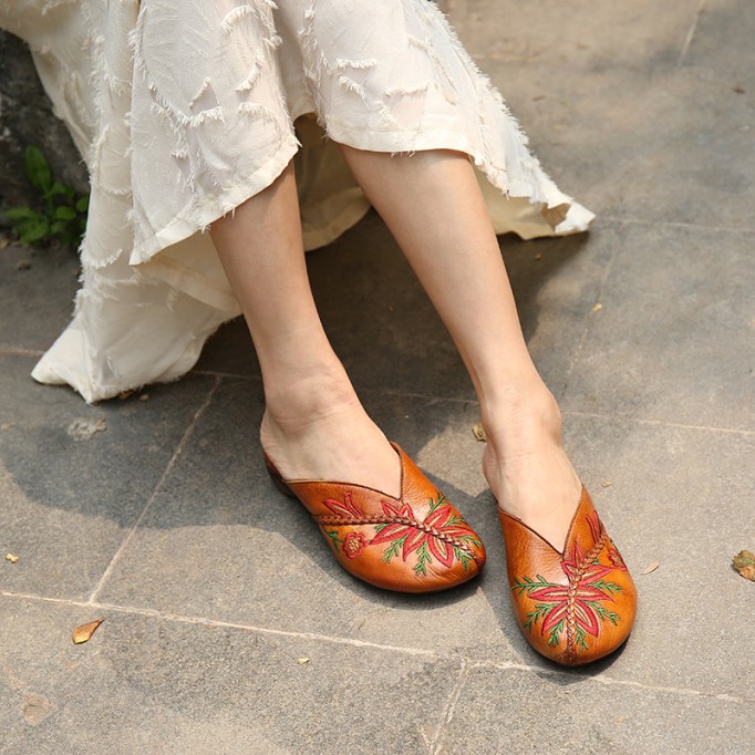 Handmade Women'S Slippers Leather Hollow Flowers Flats Loafers Grey/Camel