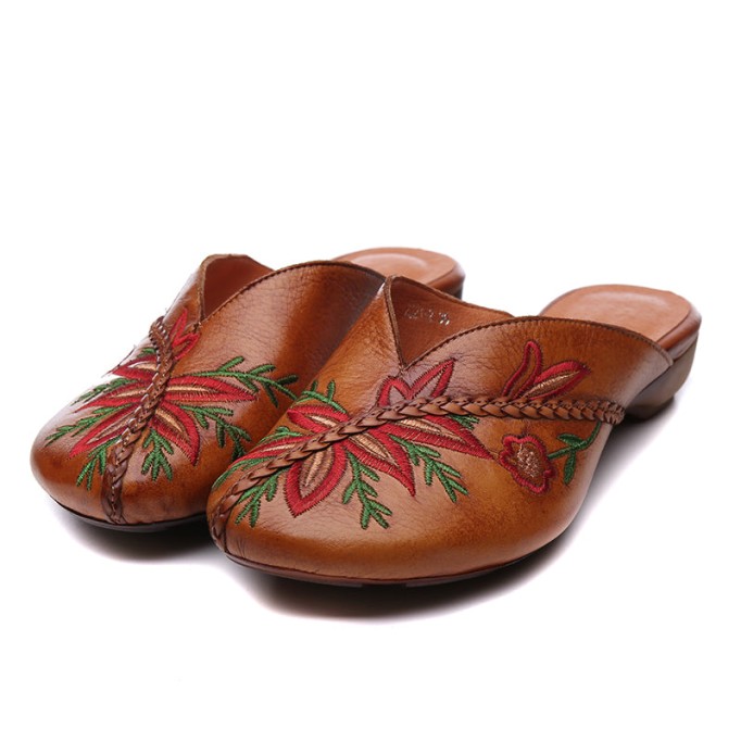 Handmade Women'S Slippers Leather Hollow Flowers Flats Loafers Grey/Camel